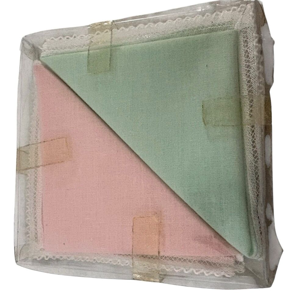 VTG La Nationale Handkerchiefs (2) NEW Boxed Pastel Pink & Green w/Lace Belgium - Picture 6 of 6